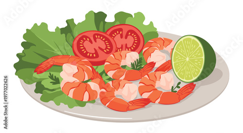 Appetizing plate of grilled shrimp is served with fresh lettuce, tomato slices, and a lime wedge in this colorful and healthy seafood illustration.