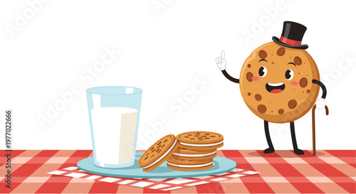 Dapper cookie character wearing a black top hat and holding a wooden cane stands next to a glass of milk and a plate of sandwich cookies.