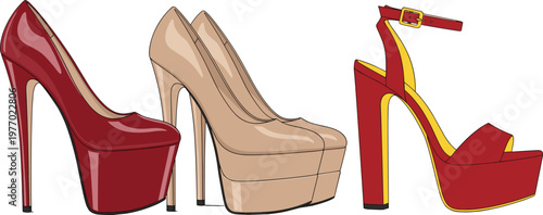 High Heel Shoes Collection with Elegant Red and Nude Platform Pumps and Stylish Ankle Strap Heels Fashion Footwear Vector Illustration Set