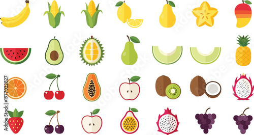 Large Variety Fruit Vector Set Featuring Banana Corn Lemon Pear Starfruit Watermelon Avocado Durian Melon Dragon Fruit Grapes and Citrus for Fresh Food Illustration Design.