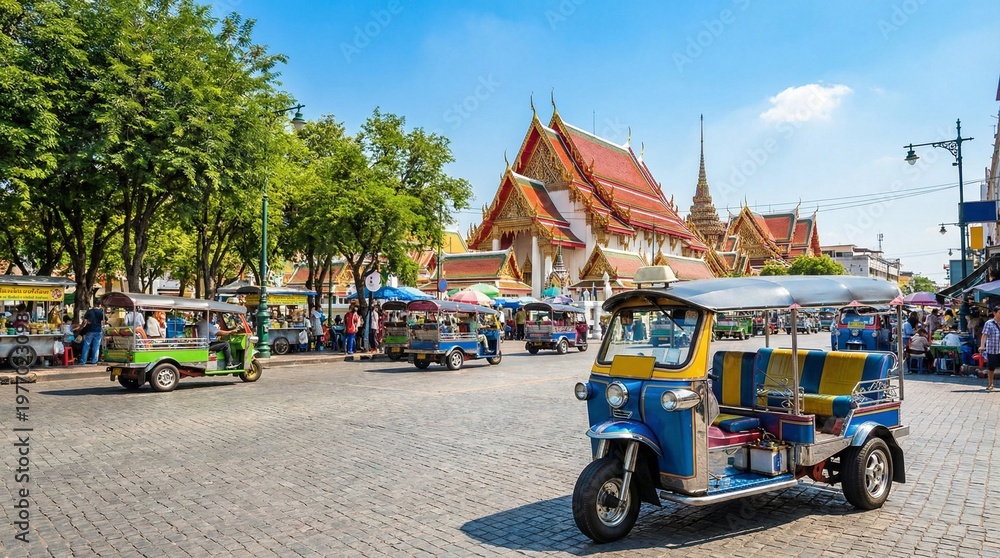 Naklejka premium A lively Bangkok street scene with colorful tuk-tuks in motion, a grand Thai temple in the background, and bustling food stalls under bright skies.
