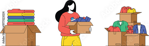 Fotografía Clothing Donation and Packing Concept with Folded Clothes, Woman Holding Box, an