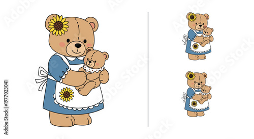 Adorable brown teddy bear wearing a blue dress and a sunflower in her ear holds a smaller baby bear in this sweet nursery illustration.