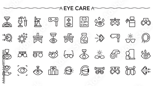 Eye Care Icons Set for Ophthalmology Vision Health Optometry Medical Line Vector Collection