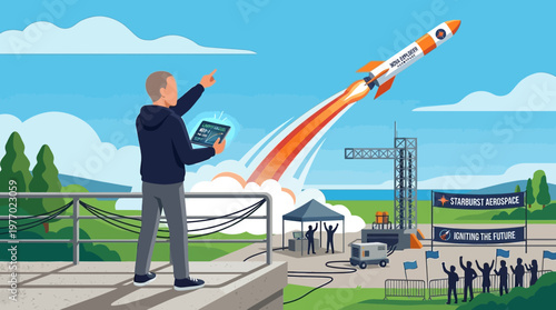 Man launching a rocket into space with a tablet in hand celebrating a successful startup