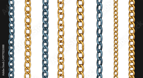 Array of various gold and silver metal chain links is displayed in vertical rows against contrasting black and white backgrounds for design.