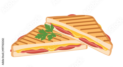 Two toasted halves of a grilled panini sandwich filled with ham and melted cheese garnished with a sprig of fresh parsley.