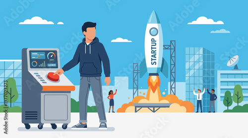Man launching a startup with a rocket and control panel