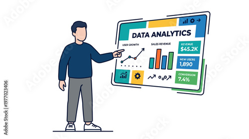 Man presenting data analytics on a large screen display board
