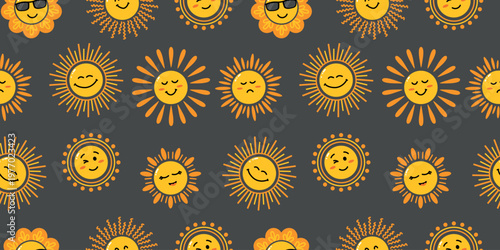 Seamless pattern with cute sun faces and different expressions on dark background