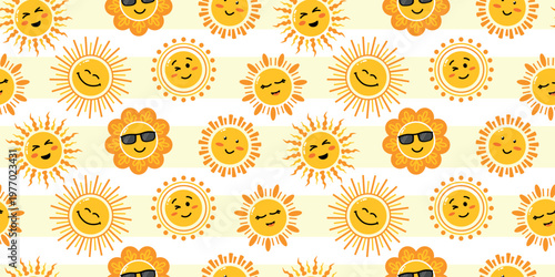 Seamless pattern with cute sun faces on striped background. Cartoon summer design