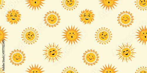 Cute sun seamless pattern with different expressions. Bright summer background