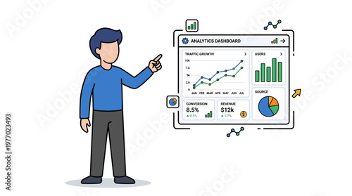 Man pointing at a large analytics dashboard showing traffic growth and revenue