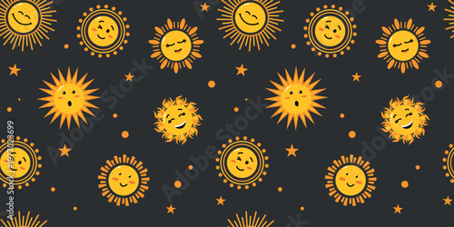 Seamless pattern with cute sun faces and different expressions with stars and dots on dark background