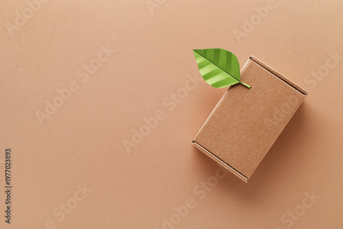 Foto Eco friendly craft packaging box with green leaf