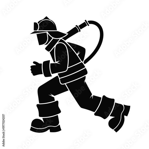 Firefighter silhouette vector illustration, brave fireman running with water hose, emergency first responder icon in black and white style