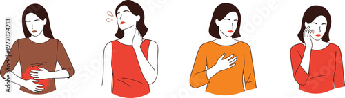 Set of Women Experiencing Different Types of Pain and Health Symptoms Including Stomach Ache, Headache, Chest Pain, and Toothache Flat Vector Illustration