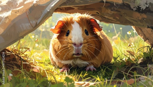 A charming guinea pig with brown and white fur gazes at the viewer. It is nestled under a shelter surrounded by grass and wildflowers