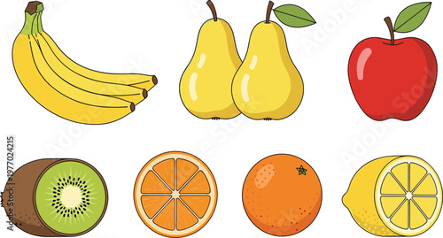 Fresh Fruit Vector Set Featuring Banana Pear Apple Kiwi Orange Lemon and Citrus Slices for Healthy Organic Food Illustration and Minimal Design Use.