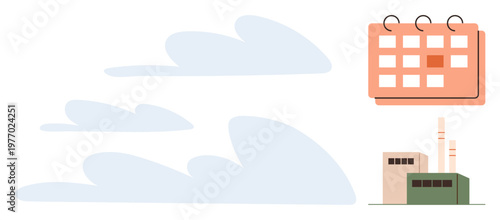 Environmental sustainability, industrial planning, emission management, air pollution, productivity tracking, eco-friendly business. Factory emitting smog below a calendar. Environmental