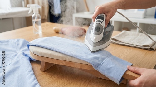 Sleeve Board Close-up During Ironing Process Showing Steam Detail Clean Workspace and Realistic Garment Finishing Technique