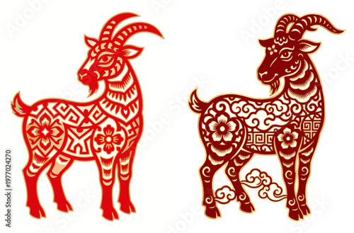 Two elegant red goat illustrations crafted in the traditional chinese paper cutting art style for celebration