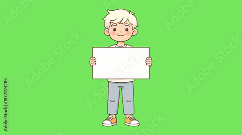 Albinism boy character holding blank message board for awareness campaign support in cute cartoon style on green background as vector illustration graphic
