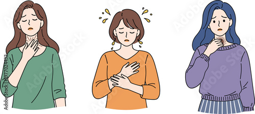 Women Experiencing Health Problems Including Chest Pain, Anxiety, and Throat Discomfort Symptoms Medical Awareness Female Character Vector Illustration Set