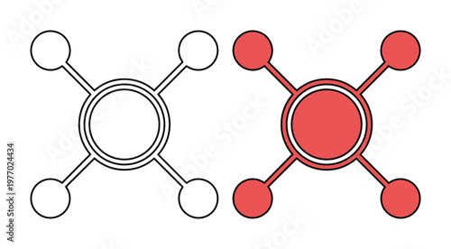 Minimalist network node icons, red and white circular connection symbols, flat vector infographic elements for technology and data distribution