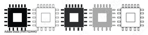 Computer chip icons set, 5 microchip vector elements in different styles, electronic processor symbols for technology and hardware design