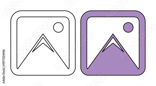 Minimalist image gallery icons, purple and outline mountain landscape symbols, digital photography and media placeholder vector set for web design