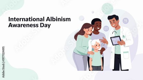 Albinism Child Family Doctor Medical Consultation Discussion Healthcare Support Awareness Flat Vector Illustration Pastel Graphic Banner Template Design