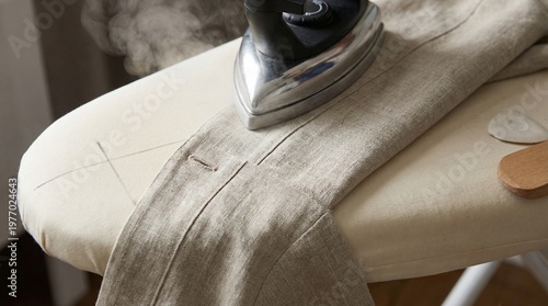 Sleeve Board Close-up Showing Steam Iron Pressing Fabric With Visible Texture Detail and Precise Garment Finishing Technique