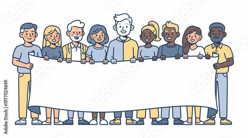 Diverse multi-ethnic people, including a person with albinism, holding a blank banner with copy space, promoting inclusion & awareness in flat outline vector art on white background.