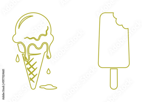 Minimalist gold ice cream line art icons, melting waffle cone and bitten popsicle vector set, elegant summer dessert outline illustrations