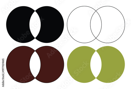 Minimalist Venn diagram icons set, overlapping circle infographics in black brown and green, geometric intersection symbols for data visualization