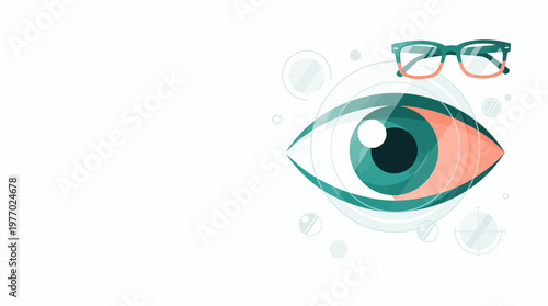 Human Eye with Glasses Impaired Vision Albinism Ophthalmology Health Flat Modern Teal Coral Vector Isolated