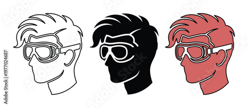 Minimalist man head with safety goggles vector set, industrial worker profile icons, male character wearing protective eyewear in black and red