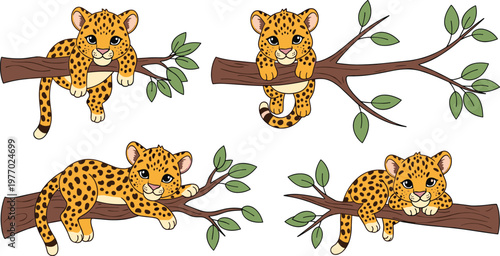 Cute Leopard Cubs on Tree Branch Set with Playful Poses, Cartoon Wild Animal Vector Illustration for Kids and Nature Themes