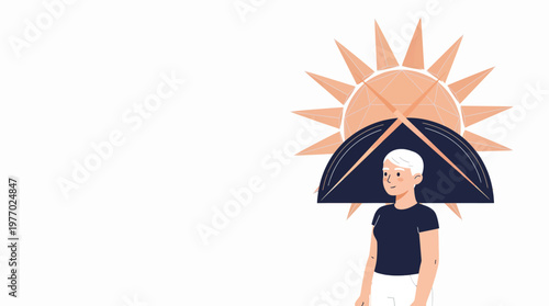Albinism person seeking sun protection under an umbrella from a stylized sun. Skin health awareness and rare disease concept in flat vector illustration with clean white background.