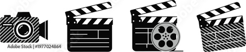 Film Production Icon Set with Camera Clapperboard and Movie Reel Symbols for Cinema Video Recording and Media Industry Vector Illustration