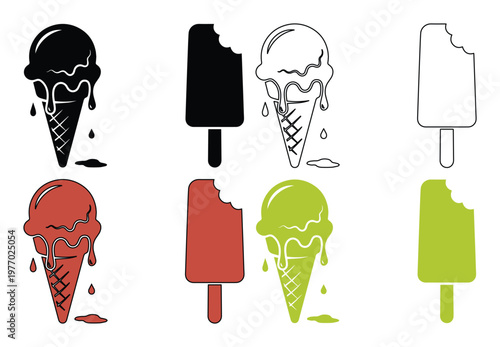 Minimalist ice cream icons set, melting waffle cone and bitten popsicle vector illustrations, flat summer dessert graphics in black and color