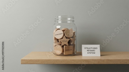 Reward Jar Minimalist Composition With Simple Tokens Representing Achievement Goals Discipline and Structured Reward System Concept in Studio Lighting