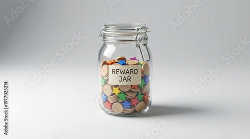 Reward Jar Isolated on a Clean Background With Simple Tokens Inside, Studio Lighting, Minimal Composition, Conceptual Representation of Reward System