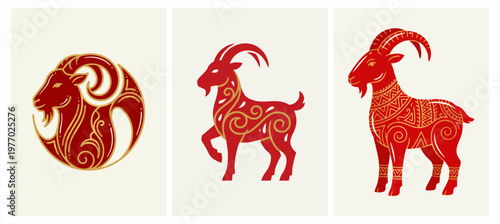 Stylized red and gold ram and goat illustrations with intricate patterns representing zodiac or cultural symbols.