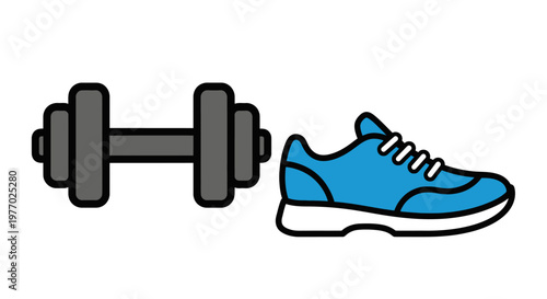 Blue sneaker and gray dumbbell.