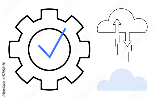 Cloud computing concept. gear and checkmark with clouds and syncing arrows, data synchronization in cloud technology. For cloud services, IT networks, data management, backups, and storage