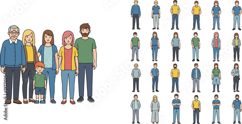 Family and People Character Set with Different Ages Casual Outfits Standing Figures for Community Lifestyle and Population Illustration Design