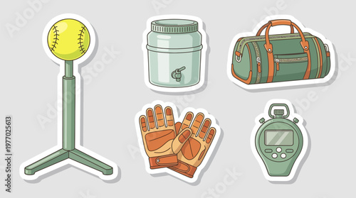 Softball Equipment Assortment: Ball on Stand, Water Cooler, Duffel Bag, Gloves, Stopwatch - Flat Design Style