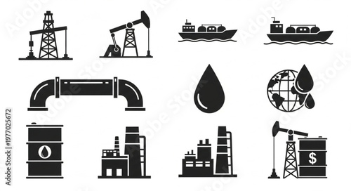 Oil Industry Icons - Extraction, Transportation, and Processing Symbols.